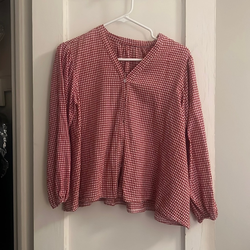 From Beginning Red Gingham Loose Fit V Neck Blouse